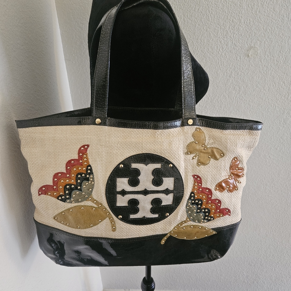 Tory Burch Cream Canvas Tote with Black Trim and Multicolor Butterfly Appliqués